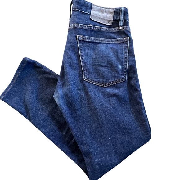 Men's BONOBOS Jeans Tailored fit dark wash 5 pocket design, grey suede patch - Picture 3 of 7